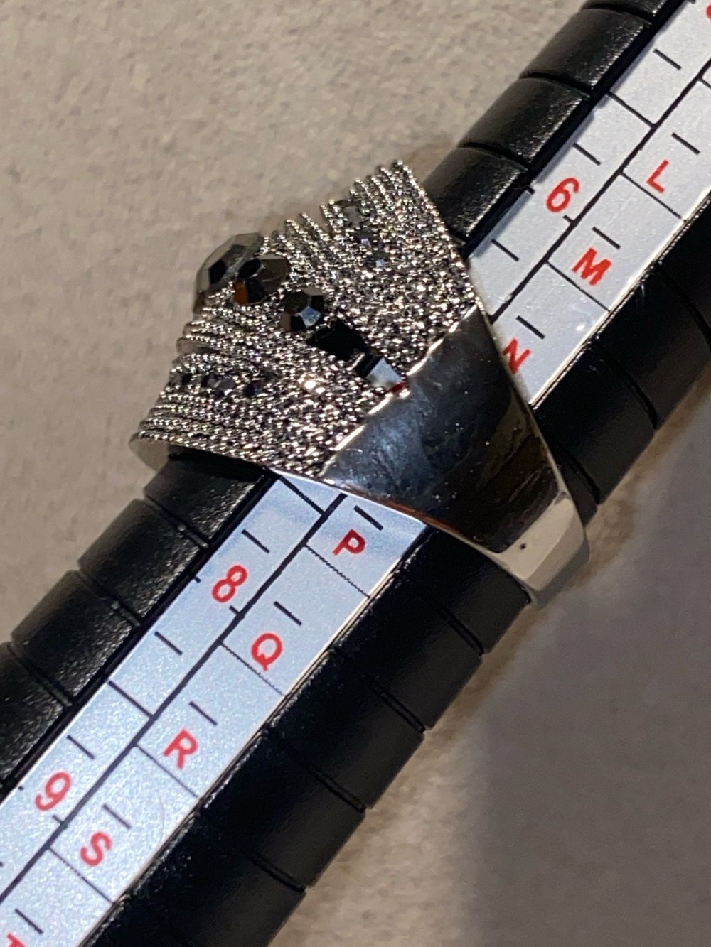 Cocktail Ring w/ Black Crystals- Silver Tone